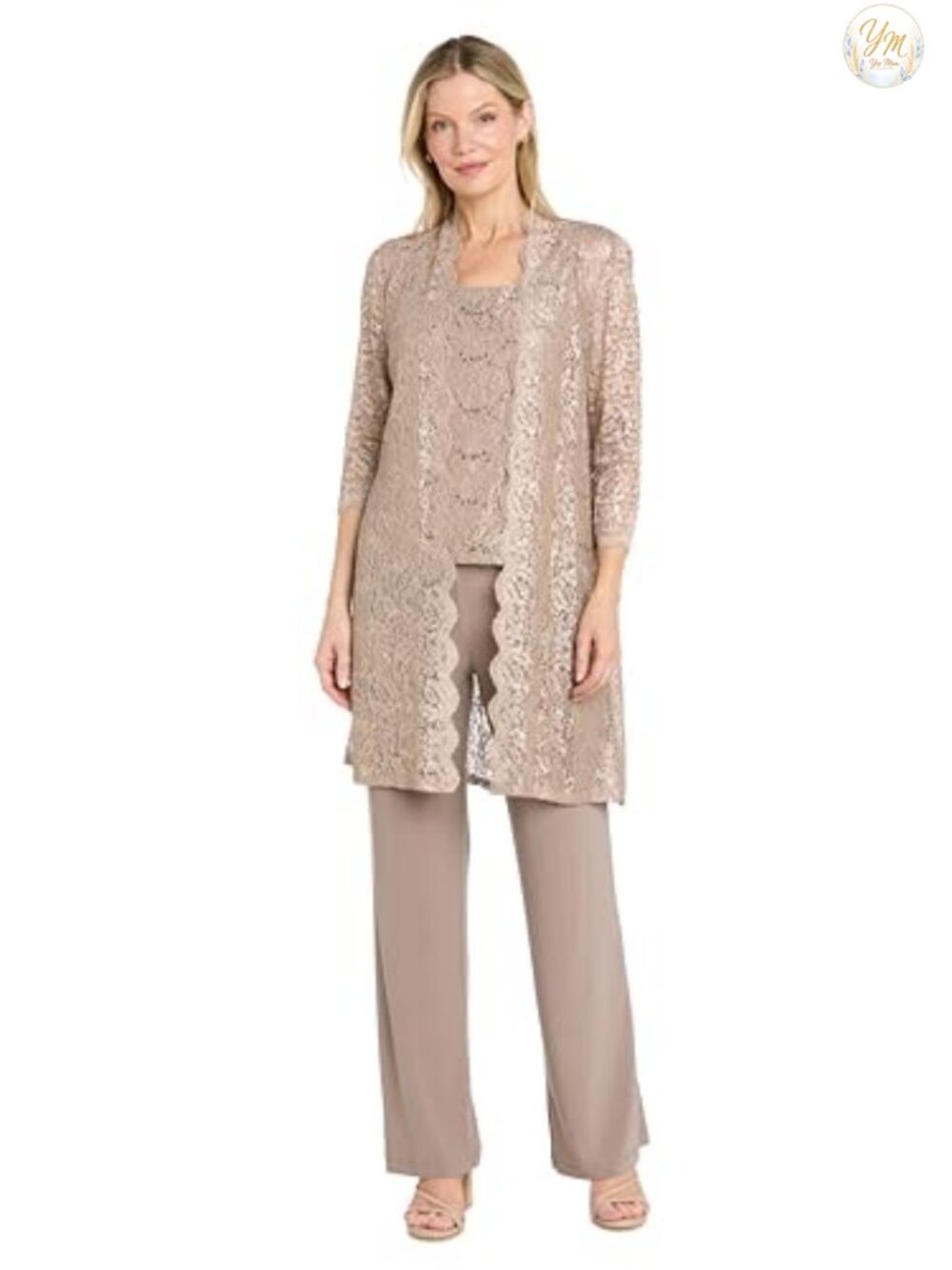 R&M Richards 3-Piece Glitter Scallop Lace Duster Pant Set Formal Event